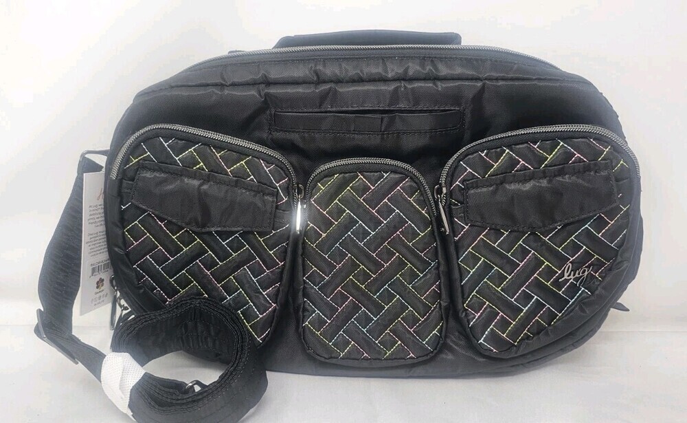 NWT LUG Railcar Large Crossbody Bag Black RAINBOW Quilted Bird Print Lining - Picture 1 of 10